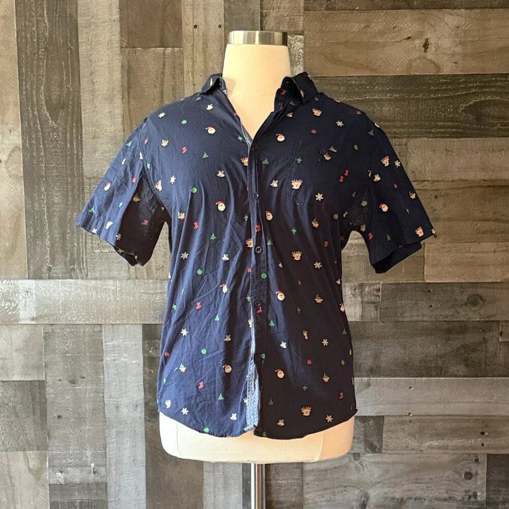 Men's Navy holiday button up shirt xlarge Santa elf Christmas tree reindeer